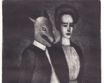 Original Surreal Etching, Woman and Animal Figure, Hand Pulled Art Print, Figurative Wall Art, Limited Edition Print