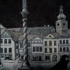 May include: A black and white illustration of a city street at night with a twisted lamppost in the center. The buildings are tall and narrow with many windows. A black bird is in the foreground.