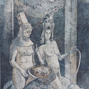 May include: A black and white etching of two figures, one wearing a hat and the other with a crown, standing in front of a turtle with a human head. The background is a landscape with a moon and mountains.