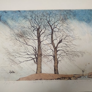 May include: A black and white etching of two bare trees with a blue sky and a small boat in the distance. The text "after living..." is visible at the bottom of the image.