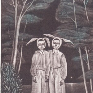 May include: Two people wearing white bunny costumes stand in a dark forest. The forest is filled with tall, thin trees with bare branches. The people are standing on a path in the forest. The background is dark and shadowy.