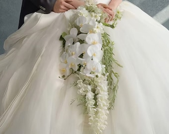 Charming Bridal Bouquets with White Roses, Graceful Orchids, and Delicate Baby&#39;s Breath - High-Quality Artificial Flowers for Weddings