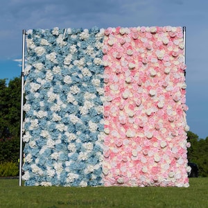 Baby Shower Flower Wall Backdrop - Blue & Pink Roll-Up Fabric Wall - Gender Reveal Party Decor - Celebration Floral Wall