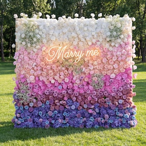 Rainbow Gradient Flower Wall Backdrop, Fabric Floral Party Decor