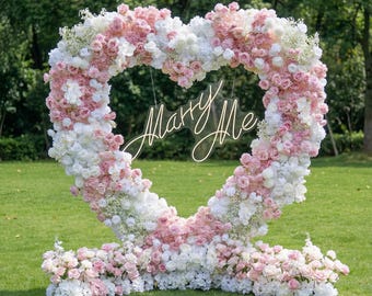 Floral Heart Backdrop: Pink & White Roses, 'Marry Me' Sign