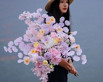 Pastel Cascading Artificial Bridal Bouquet, Faux Orchid Wedding Flowers VB-205A