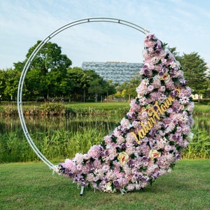 Moon Shaped Half-covered Artificial Flower Arrangement Flower Wall Backdrop -Asymmetrical Cascade of Lush Pink and Purple Blooms Party Decor
