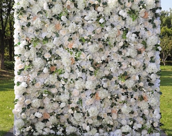 Ivory Soft Peach Floral Roll Up Artificial Flower Wall – Wedding Backdrop, Event Decor