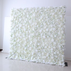 White & Green Roll Up Fabric Artificial Flower Wall Wedding Backdrop, Floral Party Decor, Event Photography, DIY Photo Booth Decorations