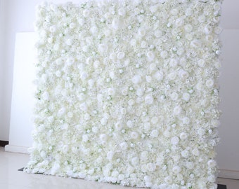 White & Green Roll Up Fabric Artificial Flower Wall Wedding Backdrop, Floral Party Decor, Event Photography, DIY Photo Booth Decorations