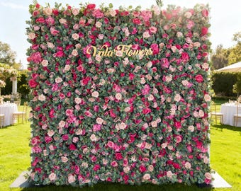 Magenta & Pink Artificial Flower Wall: Roll Up Fabric Wedding Backdrop