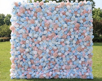 Pastel Blue & Pink Flower Wall: Elegant Floral Backdrop
