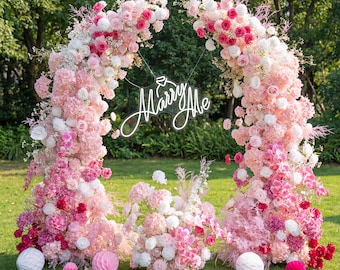 Pink Floral Archway – Wedding, Party Backdrop with Neon Sign