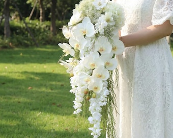 Elegant Cascading White Orchid Bridal Bouquet – Artificial Wedding Flowers