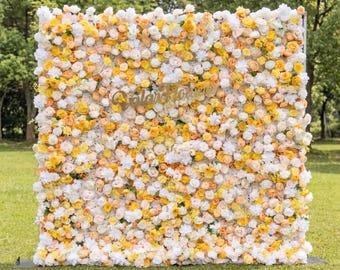 Sun-Kissed Meadow: White, Yellow and Peach Artificial Rose & Hydrangea Flower Wall Backdrop - VF-834