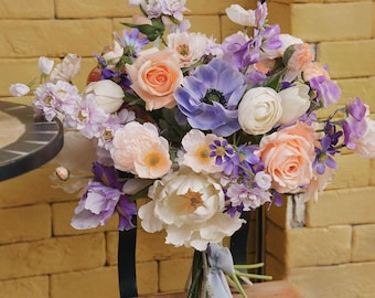 Pastel Artificial Bridal Bouquet, Faux Rose Peony Wedding Flowers VB-207A