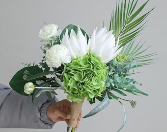 Artificial Bridal Bouquet, Faux Wedding Flowers for Bride Bridesmaid, Green White Garden Bouquet VB-228A