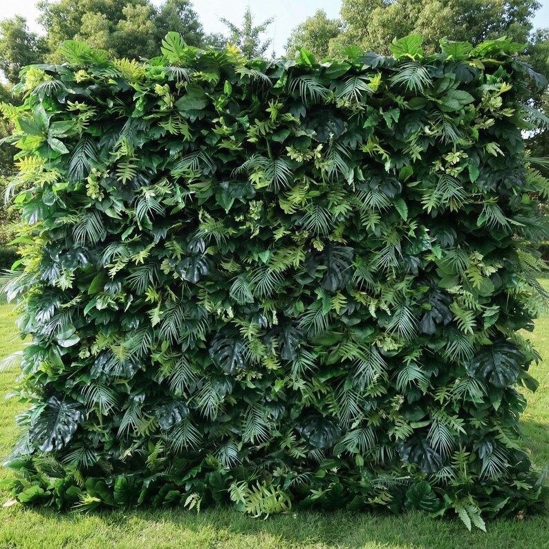 Premium artificial tropical greenery wall backdrop, dense with lifelike monstera leaves, palm fronds, and ferns in vibrant green tones. Perfect for outdoor weddings, event decor, photo booths, privacy screening, and garden styling, this UV-resistant foliage wall delivers a lush, jungle-inspired aesthetic.