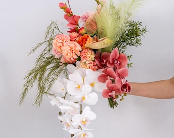 Boho Tropical Artificial Bridal Bouquet, Faux Orchid Cascading Wedding Flowers VB-204A