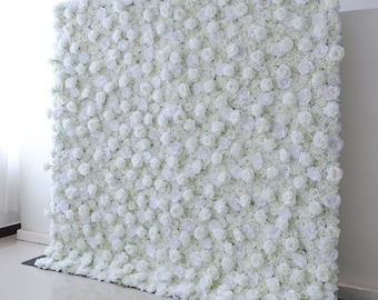 Elegant White Roll Up Fabric Artificial Flower Wall Wedding Backdrop, Floral Party Decor, Event Photography, DIY Photo Booth Decorations