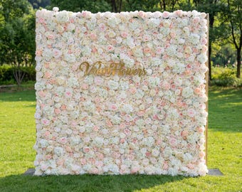 Roll Up Fabric Flower Wall, Light Pink & White Rose Wedding Backdrop