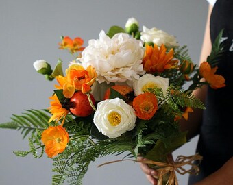 Yellow Orange Artificial Flower Bouquet, Faux Bridal Bouquet for Wedding and Home Decor VB-218A
