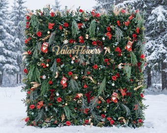 USA ONLY - Christmas Floral Wall Backdrop: Evergreen & Red Rose Holiday Decor