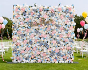 Pastel Floral Backdrop, Pink, Blue and White Flower Wall Decor