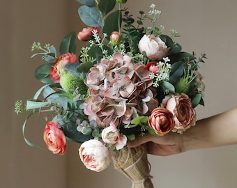 Artificial Bridal Bouquet, Faux Wedding Flowers for Bride Bridesmaid, Rustic Rose Hydrangea Bouquet VB-229A