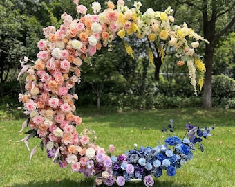 Vibrant Gradient Floral Moon Arch Kit, Multicolored Artificial Flowers, Wedding Photo Booth