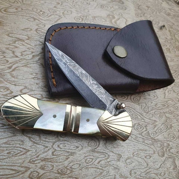 Cuchillo de damasco plegable hecho a mano personalizado, cuchillo de bolsillo de Damasco hecho a mano, cuchillo plegable ornamentado, cuchillo plegable hecho a mano personalizado