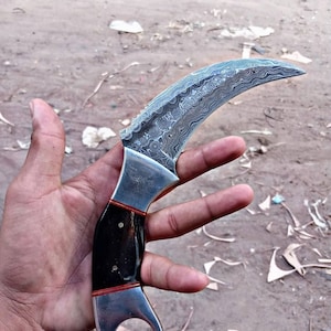 Custom hand made damascus steel karambit knife with leather sheath