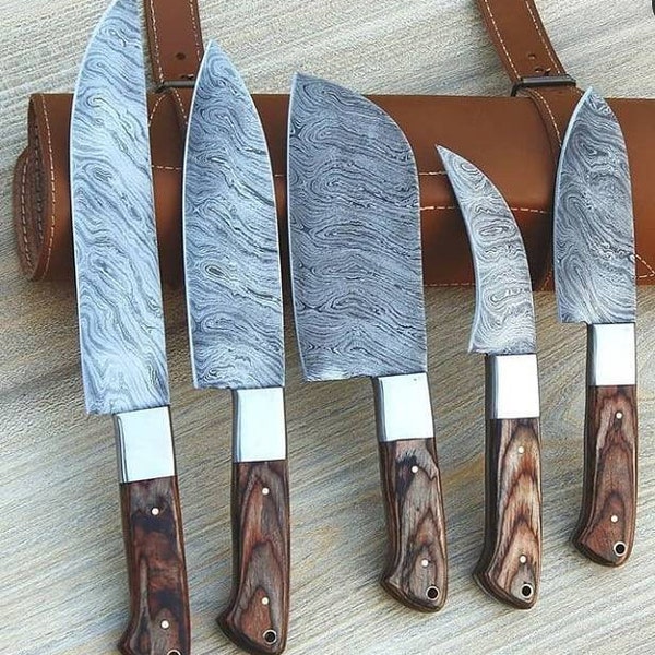 Custom Handmade Damascus Steel Chef Set With Leather Roll Kit Best Gift For BoyFriend/Gift For Chef/Gift For Wife