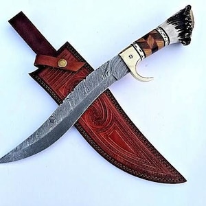 cuchillo de caza de acero damasco hecho a mano a medida con funda de cuero