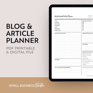 Op de afbeelding: Een zwart-witte printbare planner voor het plannen van blog- en artikelinhoud. De planner bevat secties voor titel, auteur, publicatiedatum, categorie, tags, sponsors, beeldplan, structuur en belangrijke punten, deelplanning, kernpubliek, trefwoorden, checklist voor publicatie en SEO, samenvatting en call-to-action en betrokkenheid.