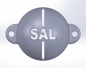 May include: A gray, spherical object with the letters "SAL" cut out in the center. The object has two vertical lines and two loop-shaped attachments with holes on either side. The design is simple and modern.