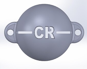 May include: A gray, spherical object with the letters "CR" in the center, flanked by horizontal lines. It has two circular attachments on either side with holes. The design is simple and modern.