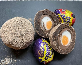 Chocolate brownie scotch egg filled with a Cadbury’s creme egg or caramel egg . Full size