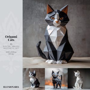 Clipart afbeelding origami katten, kattenbundel, kattenliefhebbers, geometrische katten, schattige kattencadeaus, zwarte katten, witte katten, Japanse dieren