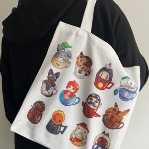 Cup of Ghibli Canvas Tote - No Face, Ponyo, Mononoke, and more - Anime Inspired Fanart - Apparel - Over the Shoulder Bag