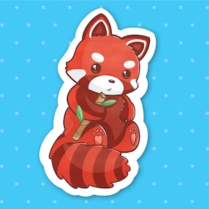 Chibi Cute (Kawaii) Fat Red Panda - Lesser Panda Bear with Bamboo - Hun-ho - Glossy, Water Resistant, Die Cut, Vinyl Sticker