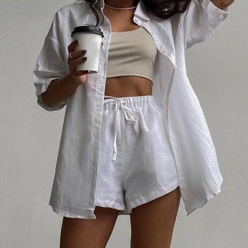 Linen Twopiece Set for Women With Shorts and Shirt Women Etsy