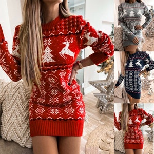 Gifts Under 10 Dollars for Women, Funny Christmas Dresses for Women Cute  Xmas Print Sweatshirt Dress Casual Long Sleeve Hoodie Pullover with Pockets
