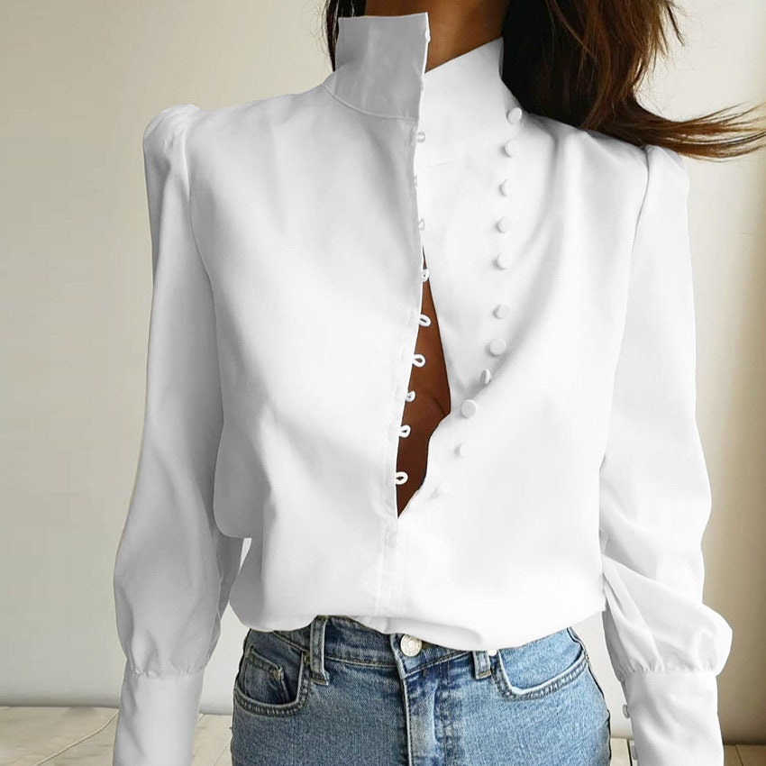 Womens Elegant Turtleneck Blouse Long Sleeve White Shirt - Etsy