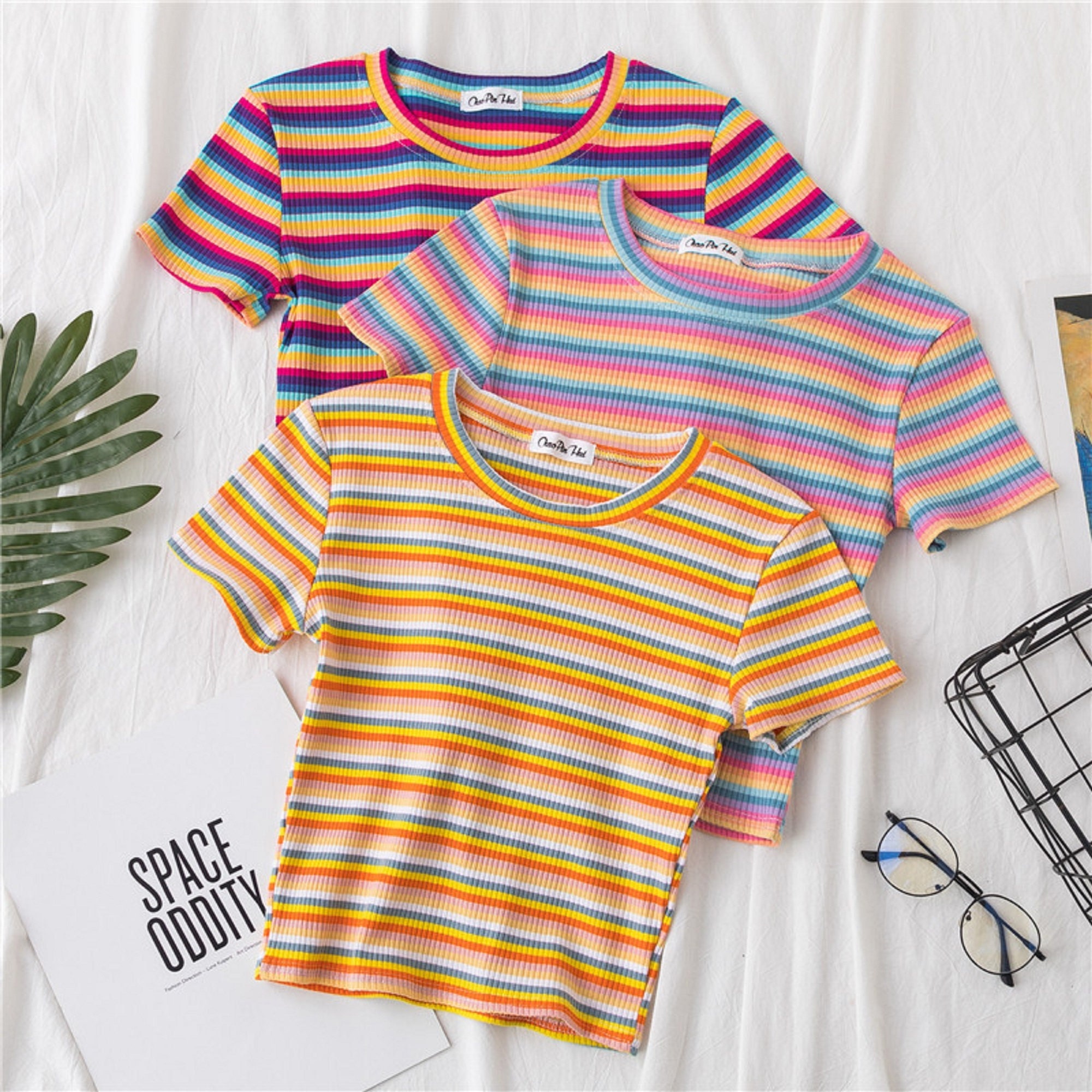 Rainbow T Shirt Women Striped Kawaii Clothes Harajuku Korean Style  Streetwear Aesthetic Long Sleeve Fall Roupas Feminina O Neck