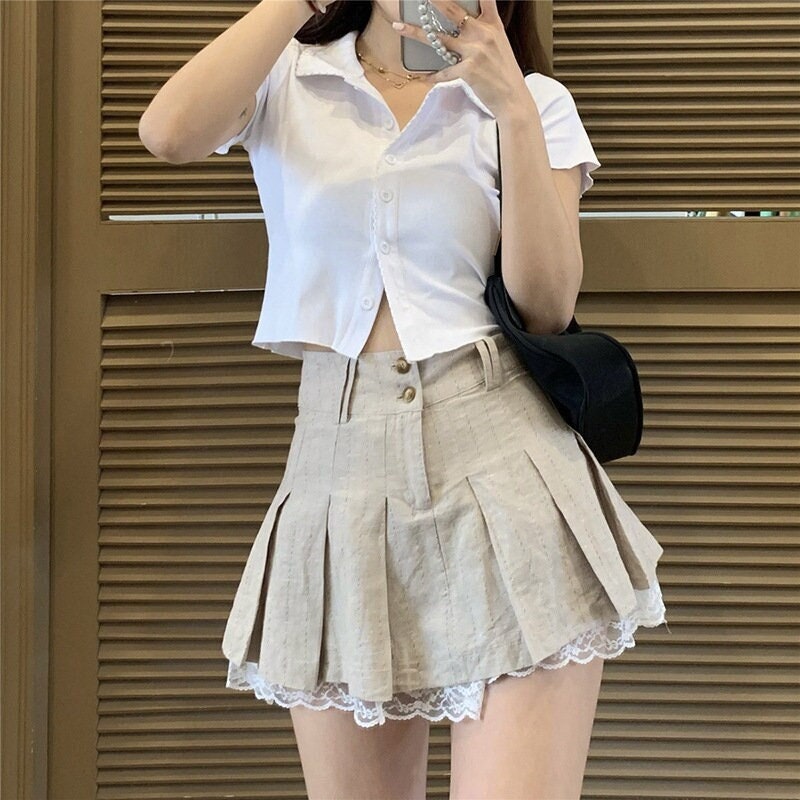 Pleated Skirt Boho Skirt Korean Fashion Khaki Short Skirt Etsy