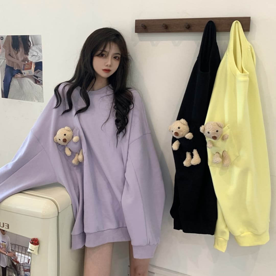 Korean Style Women Kawaii Print Oversized Teddy Bear Jacket Hip