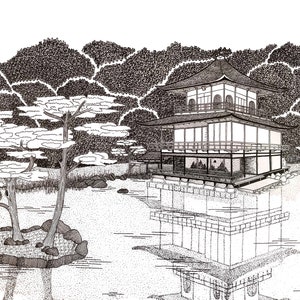 Kinkaku-ji Temple | 8x10 Inch Hand-Drawn Illustration - Fine Art Print