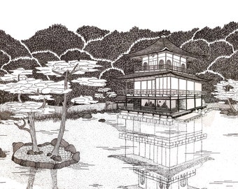 Kinkaku-ji Temple | 8x10 Inch Hand-Drawn Illustration - Fine Art Print