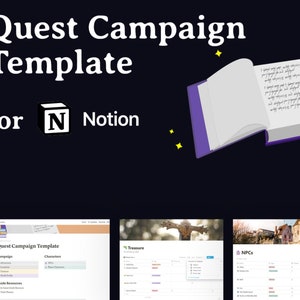 Puede incluir: Una captura de pantalla de una plantilla de Notion para una campaña de búsqueda. La plantilla incluye secciones para campañas, personajes, recursos de guía, tesoro y PNJ. La plantilla está diseñada para ayudar a los usuarios a organizar y rastrear sus campañas de búsqueda.